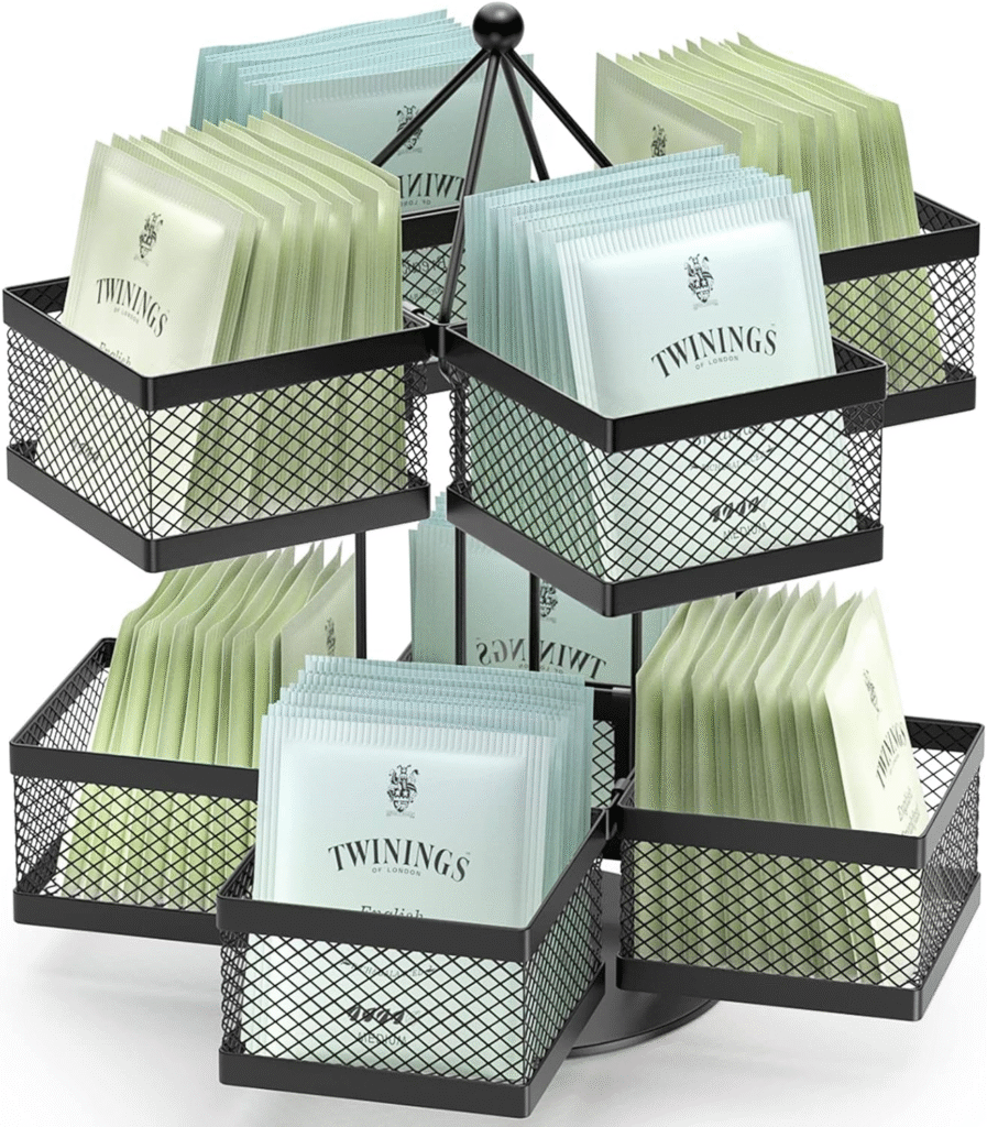 Spinning Tea Organizer Carousel with 96-slot capacity